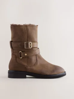 Chestnut Brown Oiled Leather - Forever Comfort® Borg Lined Buckle Trim Ankle Boots