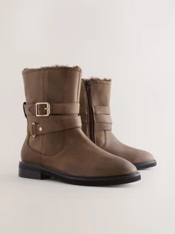 Chestnut Brown Oiled Leather - Forever Comfort® Borg Lined Buckle Trim Ankle Boots