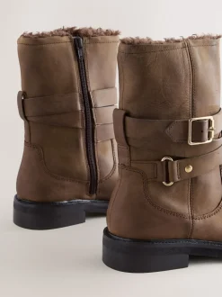 Chestnut Brown Oiled Leather - Forever Comfort® Borg Lined Buckle Trim Ankle Boots