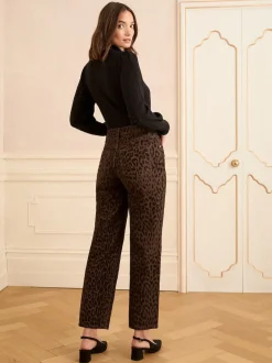 Chocolade Bruin Luipaard Print met fluweel - Love & Roses cropped jeans met wijde pijpen