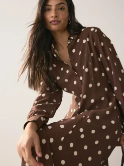 Chocolade Bruin/Ecru met stippen - Printed Long Sleeve Shirt Dress