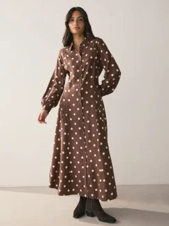 Chocolade Bruin/Ecru met stippen - Printed Long Sleeve Shirt Dress