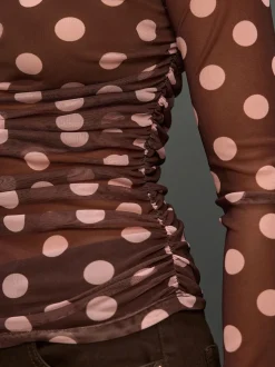 Chocolade Bruin/Roze met stippen - Top met lange mouwen, gerimpelde zijkanten en mesh