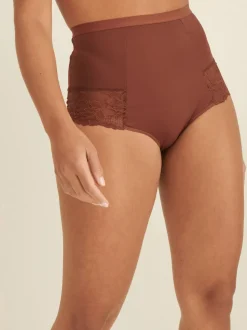 Chocolade nude - Verpakking van 2 Braziliaanse slipjes met kanten achterkant en buikcorrigerend effect en print