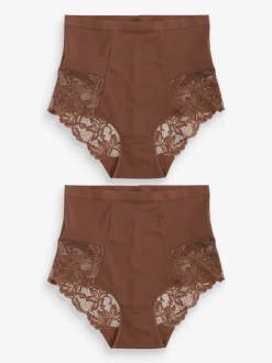 Chocolade nude - Verpakking van 2 Braziliaanse slipjes met kanten achterkant en buikcorrigerend effect en print