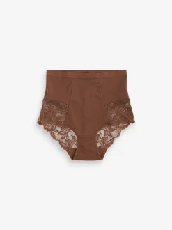 Chocolade nude - Verpakking van 2 Braziliaanse slipjes met kanten achterkant en buikcorrigerend effect en print