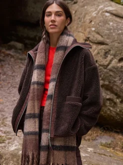 Chocoladebruin - Borg Zip Through Fleece With Rib Collar