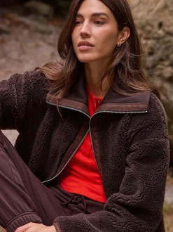 Chocoladebruin - Borg Zip Through Fleece With Rib Collar