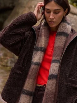Chocoladebruin - Borg Zip Through Fleece With Rib Collar