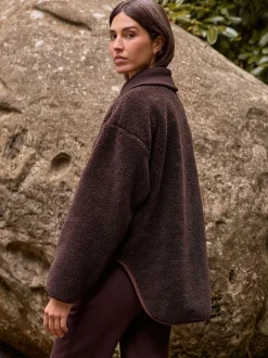 Chocoladebruin - Borg Zip Through Fleece With Rib Collar