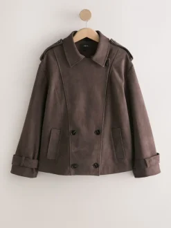 Chocoladebruin - Faux Suede Cropped Trench Coat