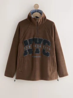 Chocoladebruin - Fleece trui met korte rits