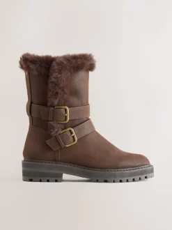 Chocoladebruin - Forever Comfort® enkellaarzen met dubbele gesp en voering van imitatiebont