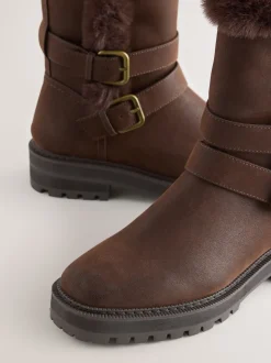 Chocoladebruin - Forever Comfort® enkellaarzen met dubbele gesp en voering van imitatiebont