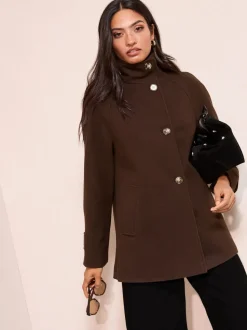 Chocoladebruin - Friends Like These Funnel Neck Button Front Mid Length Coat