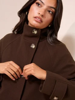 Chocoladebruin - Friends Like These Funnel Neck Button Front Mid Length Coat