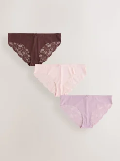 Chocoladebruin / Huidskleur / Mauve / Roze - 3 Niet-aftekenende slips met kanten achterkant