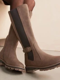 Chocoladebruin - Kniehoge Chelsea Boots met gesp