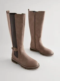 Chocoladebruin - Kniehoge Chelsea Boots met gesp