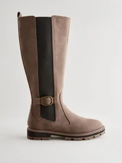 Chocoladebruin - Kniehoge Chelsea Boots met gesp