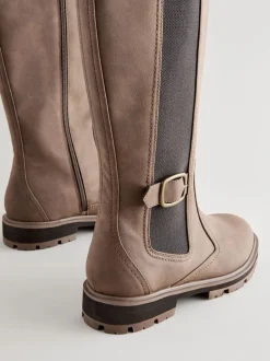 Chocoladebruin - Kniehoge Chelsea Boots met gesp