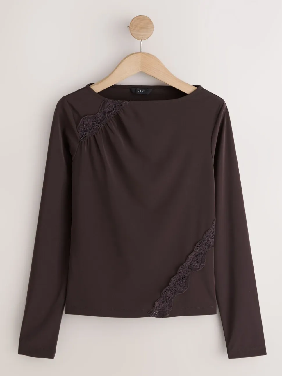 Chocoladebruin - Lace Detail Long Sleeve Top