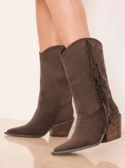 Chocoladebruin - Lipsy Faux Suede Tassel Pull On Western Calf Boots