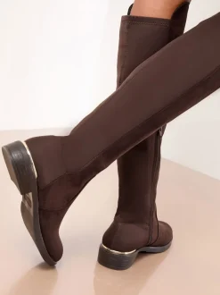Chocoladebruin - Lipsy Faux Suede Elasticated Flat Knee High Casual Boots