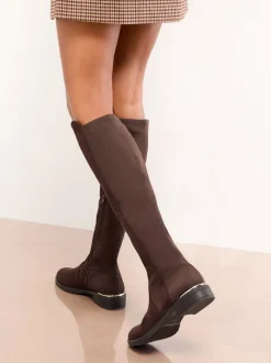 Chocoladebruin - Lipsy Faux Suede Elasticated Flat Knee High Casual Boots