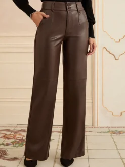 Chocoladebruin - Love & Roses Faux Leather Wide Leg With Faux Suede Side Stripe Trousers