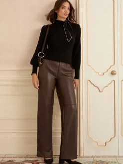 Chocoladebruin - Love & Roses Faux Leather Wide Leg With Faux Suede Side Stripe Trousers