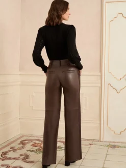 Chocoladebruin - Love & Roses Faux Leather Wide Leg With Faux Suede Side Stripe Trousers