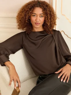 Chocoladebruin - Love & Roses Lange mouwen Satijn Watervalhals Blouse