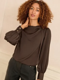 Chocoladebruin - Love & Roses Lange mouwen Satijn Watervalhals Blouse