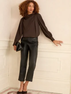 Chocoladebruin - Love & Roses Lange mouwen Satijn Watervalhals Blouse