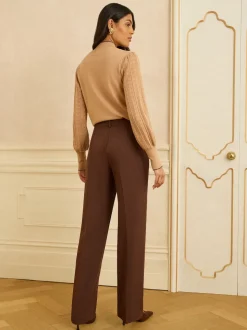 Chocoladebruin - Love & Roses broek met wijde pijpen