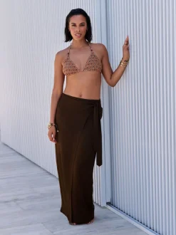Chocoladebruin - Maxi rok met linnen