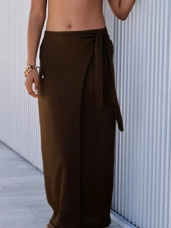 Chocoladebruin - Maxi rok met linnen