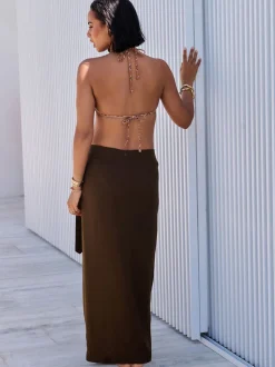 Chocoladebruin - Maxi rok met linnen