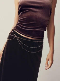Chocoladebruin - Metallic Skinny Tiered Beaded Belt