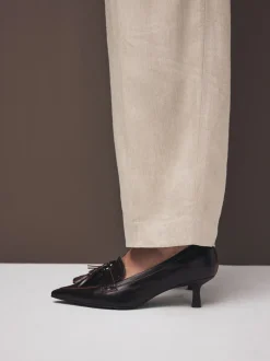 Chocoladebruin - Premium Leather With Motionflex Point Toe Tassel Heels Loafers