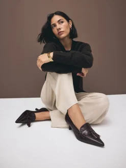 Chocoladebruin - Premium Leather With Motionflex Point Toe Tassel Heels Loafers