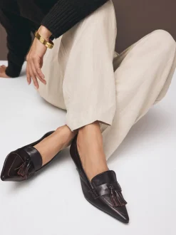 Chocoladebruin - Premium Leather With Motionflex Point Toe Tassel Heels Loafers