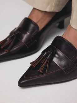 Chocoladebruin - Premium Leather With Motionflex Point Toe Tassel Heels Loafers