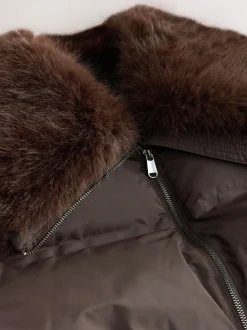 Chocoladebruin - Premium Longline Padded Coat with Faux Fur Collar