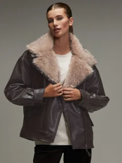 Chocoladebruin - PU Bomber Jacket with Faux Fur Trim