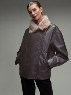 Chocoladebruin - PU Bomber Jacket with Faux Fur Trim