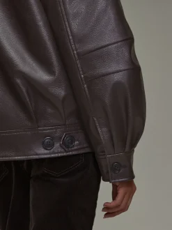 Chocoladebruin - PU Bomber Jacket with Faux Fur Trim