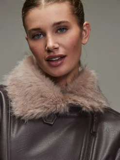 Chocoladebruin - PU Bomber Jacket with Faux Fur Trim