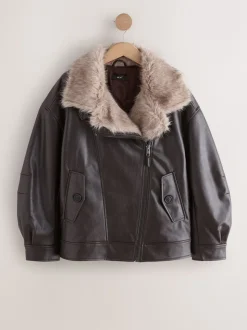 Chocoladebruin - PU Bomber Jacket with Faux Fur Trim